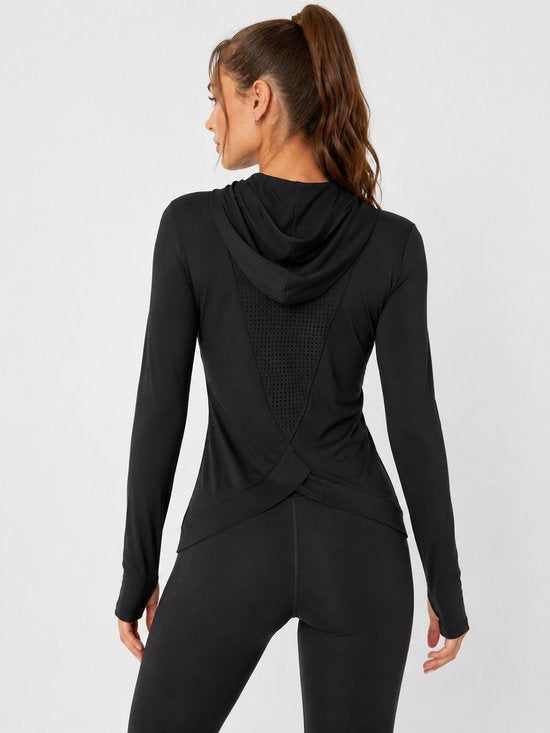 SparkNine Serenity fitness hoodie dames - met capuchon & split-back design - L - zwart - dames sporttop - stijlvolle sportrui - ademend & sneldrogend