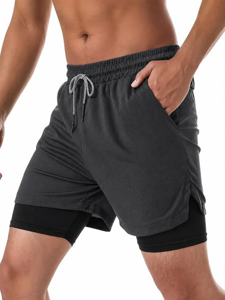 SparkNine Stridex fitness short heren - dubbellaags - met telefoonzak - S - grijs - sneldrogend - met handdoeklus & zakken - functioneel & comfortabel