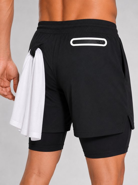 SparkNine Stridex fitness short heren - dubbellaags - met telefoonzak - XL - zwart-wit - sneldrogend - met handdoeklus & zakken - functioneel & comfortabel
