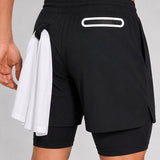 SparkNine Stridex fitness short heren - dubbellaags - met telefoonzak - XL - zwart-wit - sneldrogend - met handdoeklus & zakken - functioneel & comfortabel