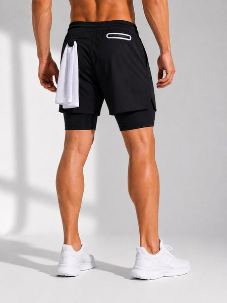 SparkNine Stridex fitness short heren - dubbellaags - met telefoonzak - XL - zwart-wit - sneldrogend - met handdoeklus & zakken - functioneel & comfortabel