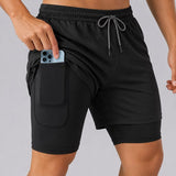 SparkNine Stridex fitness short heren - dubbellaags - met telefoonzak - L - zwart-wit - sneldrogend - met handdoeklus & zakken - functioneel & comfortabel