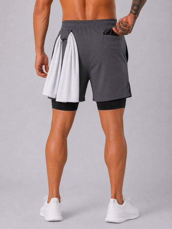 SparkNine Stridex fitness short heren - dubbellaags - met telefoonzak - S - grijs - sneldrogend - met handdoeklus & zakken - functioneel & comfortabel