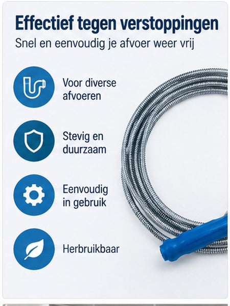 Ontstoppingsveer 5 Meter – Trekveer voor Afvoer – Rioolveer voor Verstopte Leidingen – Flexibele Afvoer Ontstopper – Voor Gootsteen, Douche & Afvoer