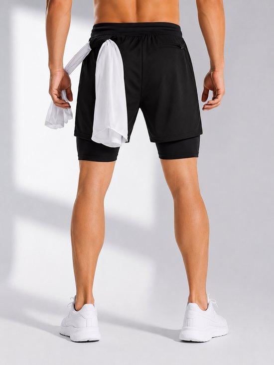 SparkNine Stridex fitness short heren - dubbellaags - met telefoonzak - M - zwart - sneldrogend - met handdoeklus & zakken - functioneel & comfortabel