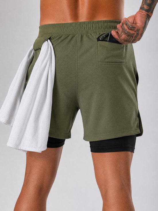 SparkNine Stridex fitness short heren - dubbellaags - met telefoonzak - L - groen - sneldrogend - met handdoeklus & zakken - functioneel & comfortabel