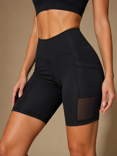 SparkNine Meshflex dames short - met zakken - stijlvolle mesh - S - zwart - hoge taille - ademend - fitness short - korte broek