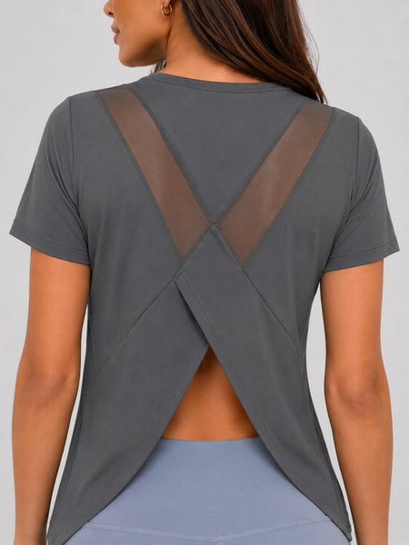 SparkNine Vital sport T-shirt - XXL - grijs - open rug & mesh details - sporttop - gekruist design - luchtig & sneldrogend