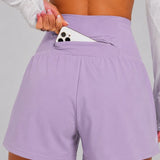 SparkNine Breeze dames short- sportshort - met telefoonzak - dubbellaags met binnenshort - XXL - paars - fitness - hoge taille - ademend & sneldrogend