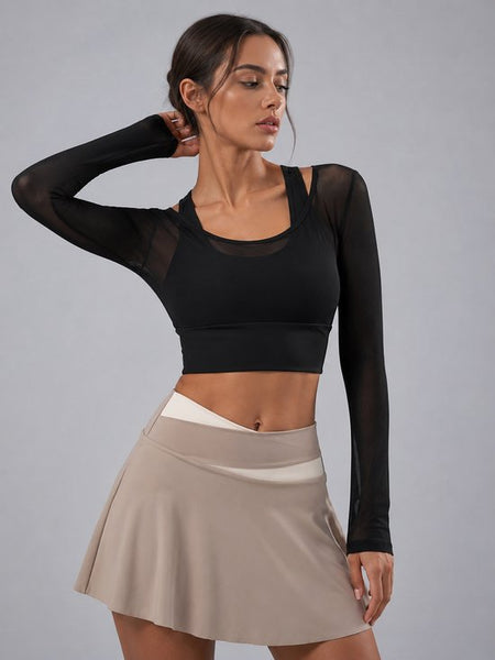 SparkNine Liora longsleeve - met bh pads & lange mesh mauwen - ademend - L - zwart - dames - stijlvolle top voor fitness of casual outfit