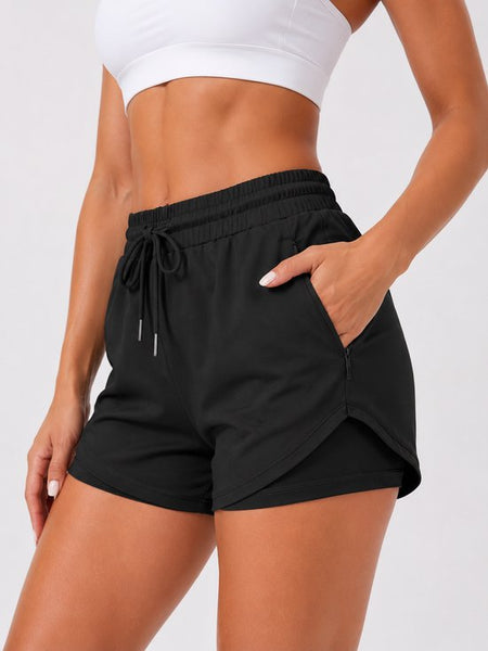SparkNine Zipflex short dames - tweedelig - met binnenbroek & ritszakken - L - zwart - hardloopshort - elastische taille met trekkoord