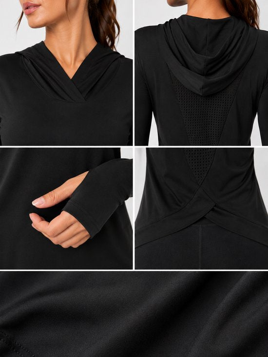 SparkNine Serenity fitness hoodie dames - met capuchon & split-back design - L - zwart - dames sporttop - stijlvolle sportrui - ademend & sneldrogend