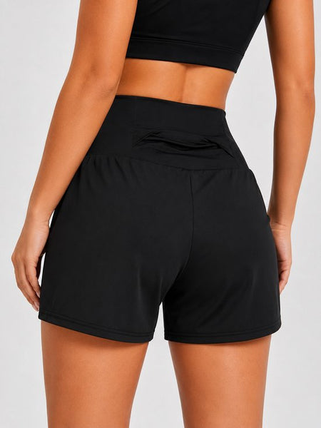 SparkNine Breeze dames short - sportshort - met telefoonzak - dubbellaags met binnenshort - M - zwart - fitness - hoge taille - ademend & sneldrogend