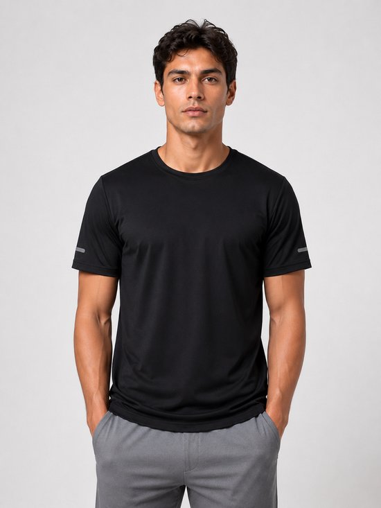 SparkNine Ironlite sport t-shirt heren met reflecterende strepen - M - zwart - zweetbestendig - lichtgewicht & sneldrogend