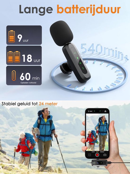 Draadloze Microfoon - 2 Stuks - Geschikt voor iPhone, Android en Camera - Plug & Play - Meter Bereik
