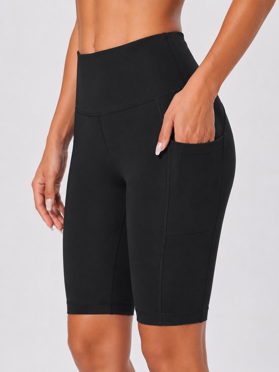 SparkNine NovaShort knie-lengte sportbroek dames - fitness short - lange biker short - L - zwart - hoge taille - met zakken - squatproof