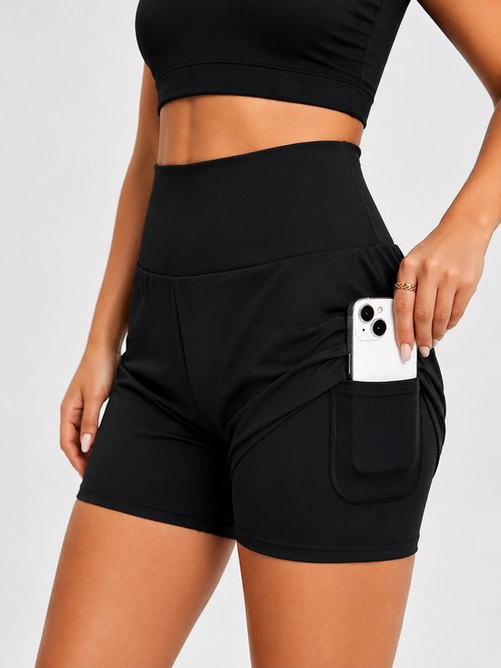 SparkNine Breeze dames short - sportshort - met telefoonzak - dubbellaags met binnenshort - M - zwart - fitness - hoge taille - ademend & sneldrogend