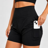 SparkNine Breeze dames short - sportshort - met telefoonzak - dubbellaags met binnenshort - M - zwart - fitness - hoge taille - ademend & sneldrogend