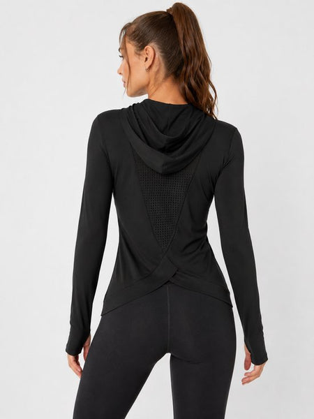 SparkNine Serenity fitness hoodie dames - met capuchon & split-back design - S - zwart - dames sporttop - stijlvolle sportrui - ademend & sneldrogend