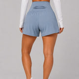 SparkNine Breeze dames short - sportshort - met telefoonzak - dubbellaags met binnenshort - M - lichtblauw - fitness - hoge taille - ademend & sneldrogend