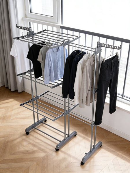 Droogrek Staand – Inklapbaar Droogrek met Wielen – Uitschuifbaar Wasrek – 3 Laags – Kledingrek met Haken – Grijs – Voor Binnen en Buiten
