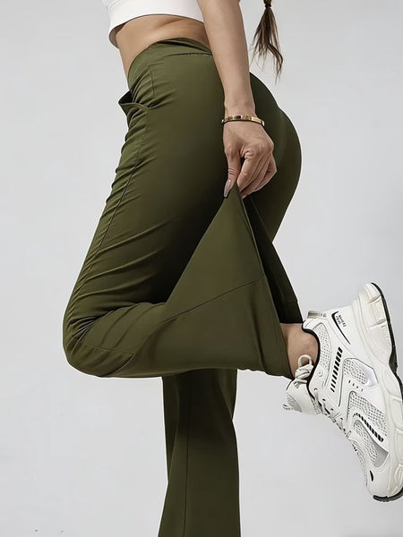 SparkNine Horizon flare broek - dames legging met zakken - petite pijplengte - S - legergroen - hoge taille - stijlvol & elastisch - sportlegging
