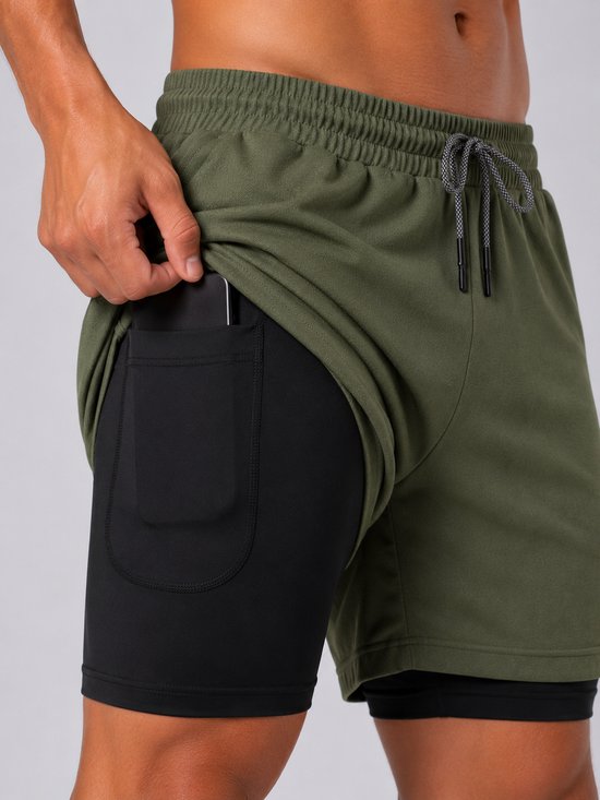 SparkNine Stridex fitness short heren - dubbellaags - met telefoonzak - L - groen - sneldrogend - met handdoeklus & zakken - functioneel & comfortabel