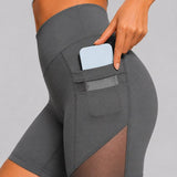 SparkNine Meshflex dames short - met zakken - stijlvolle mesh - XL - grijs - hoge taille - ademend - fitness short - korte broek