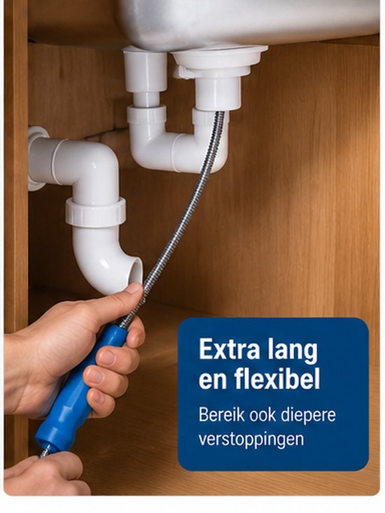 Ontstoppingsveer 5 Meter – Trekveer voor Afvoer – Rioolveer voor Verstopte Leidingen – Flexibele Afvoer Ontstopper – Voor Gootsteen, Douche & Afvoer