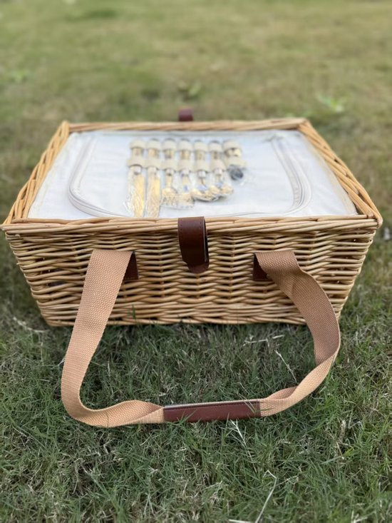 Luxe Rotan Picknickmand met Serviesset & Houten Serveerplank – Compleet 2-Persoons Picknickpakket met Draagriem, Glazen & Picknickkleed