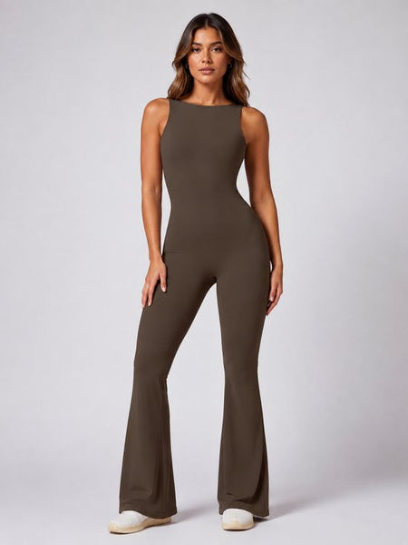 SparkNine Urbangoddes dames bodysuit - slim fit sport jumpsuit - M - bruin - mouwloos & sneldrogend - hoge elasticiteit - comfortabele fitness & casual outfit