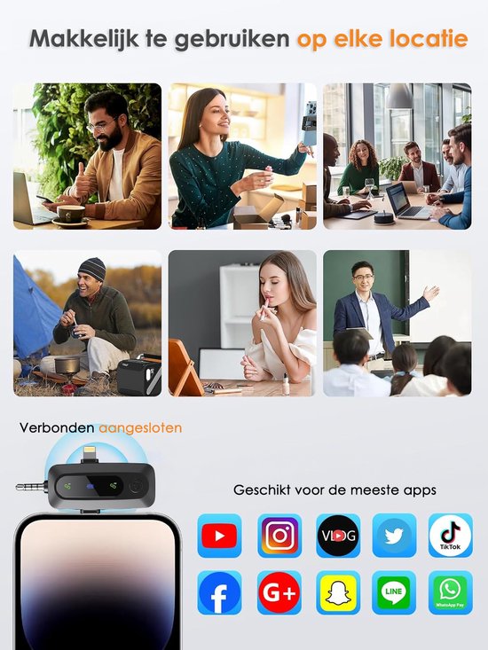 Draadloze Microfoon - 2 Stuks - Geschikt voor iPhone, Android en Camera - Plug & Play - Meter Bereik