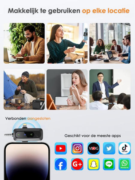 Draadloze Microfoon - 2 Stuks - Geschikt voor iPhone, Android en Camera - Plug & Play - Meter Bereik