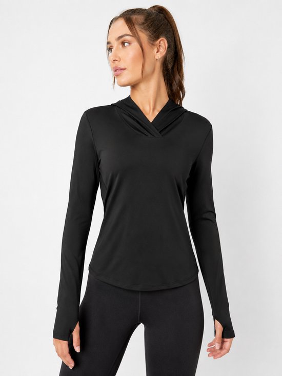SparkNine Serenity fitness hoodie dames - met capuchon & split-back design - L - zwart - dames sporttop - stijlvolle sportrui - ademend & sneldrogend