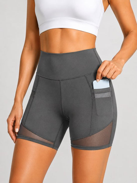 SparkNine Meshflex dames short - met zakken - stijlvolle mesh - XL - grijs - hoge taille - ademend - fitness short - korte broek