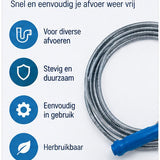 Ontstoppingsveer 5 Meter – Trekveer voor Afvoer – Rioolveer voor Verstopte Leidingen – Flexibele Afvoer Ontstopper – Voor Gootsteen, Douche & Afvoer