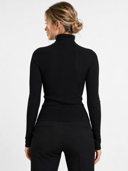 SparkNine Velora dames longsleeve - coltrui - hoge kraag met rits - aansluitende pasvorm - elastisch - XXL - zwart - cropped - gestreepte print