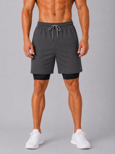 SparkNine Stridex fitness short heren - dubbellaags - met telefoonzak - S - grijs - sneldrogend - met handdoeklus & zakken - functioneel & comfortabel