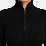 SparkNine Velora dames longsleeve - coltrui - hoge kraag met rits - aansluitende pasvorm - elastisch - XXL - zwart - cropped - gestreepte print