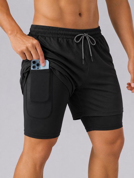 SparkNine Stridex fitness short heren - dubbellaags - met telefoonzak - XL - zwart-wit - sneldrogend - met handdoeklus & zakken - functioneel & comfortabel