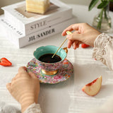 Vintage Bloemen Koffiekop & Schotel Set – Luxe Thee- en Koffieservies met Gouden Lepel – Elegant & Tijdloos