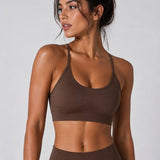 SparkNine Breeze sportbeha - beugelloos - kruislingsbandjes - XL - bruin - ademend - open rug - met verwijderbare vulling