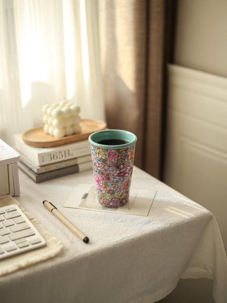Koffiebeker 300 ml – Bloemen Design met Turquoise Glazuur – Slanke Theebeker & Koffiemok – Handzaam & Stijlvol