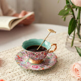 Vintage Bloemen Koffiekop & Schotel Set – Luxe Thee- en Koffieservies met Gouden Lepel – Elegant & Tijdloos