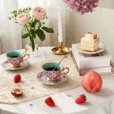 Vintage Bloemen Koffiekop & Schotel Set – Luxe Thee- en Koffieservies met Gouden Lepel – Elegant & Tijdloos