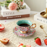 Vintage Bloemen Koffiekop & Schotel Set – Luxe Thee- en Koffieservies met Gouden Lepel – Elegant & Tijdloos