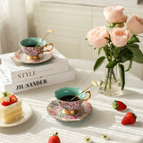 Vintage Bloemen Koffiekop & Schotel Set – Luxe Thee- en Koffieservies met Gouden Lepel – Elegant & Tijdloos
