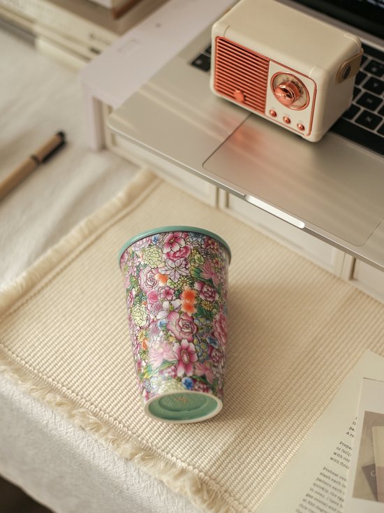 Koffiebeker 300 ml – Bloemen Design met Turquoise Glazuur – Slanke Theebeker & Koffiemok – Handzaam & Stijlvol