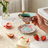 Vintage Bloemen Koffiekop & Schotel Set – Luxe Thee- en Koffieservies met Gouden Lepel – Elegant & Tijdloos