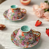 Vintage Bloemen Koffiekop & Schotel Set – Luxe Thee- en Koffieservies met Gouden Lepel – Elegant & Tijdloos